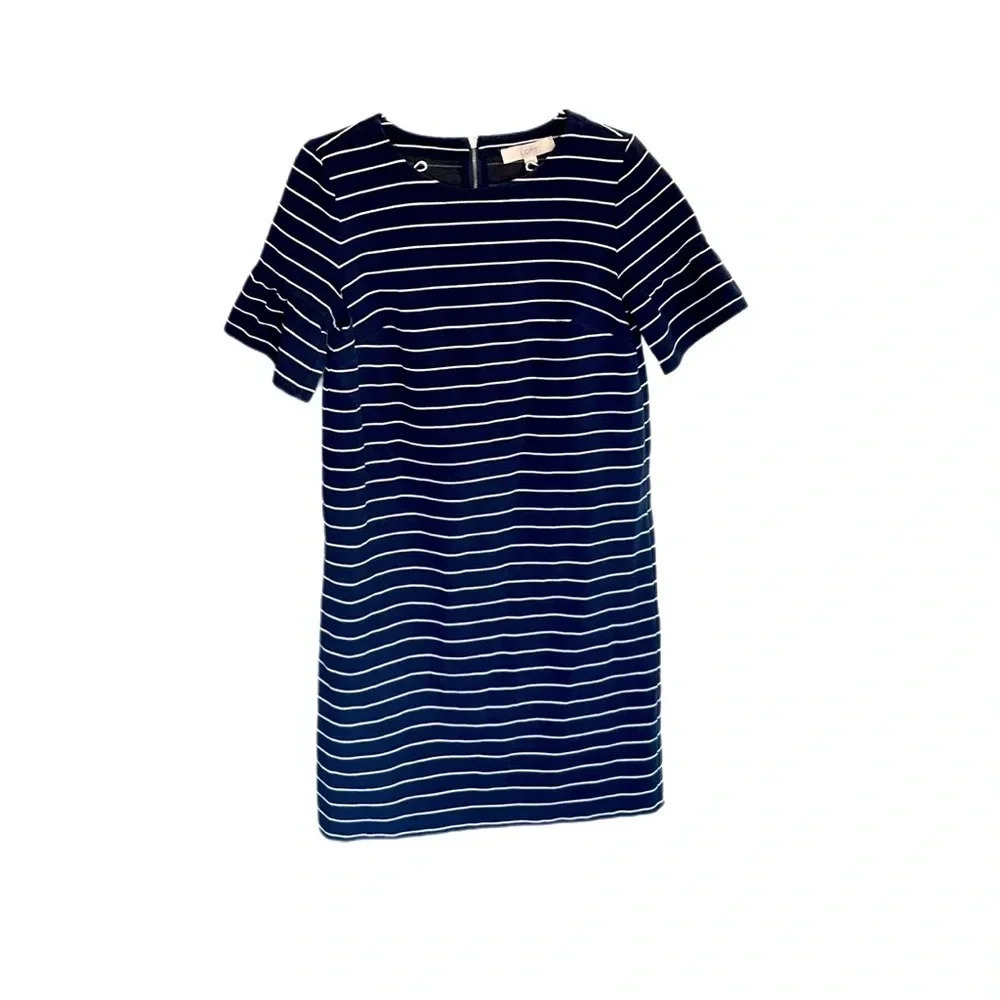 LOFT Navy White Striped Ruffle Sleeve Knee Length Dress Women’s Medium